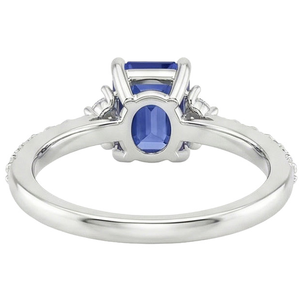 Solitaire Accents Ring Blue Sapphire & Natural Earth Mined Diamond 4 Carats Emerald Cut