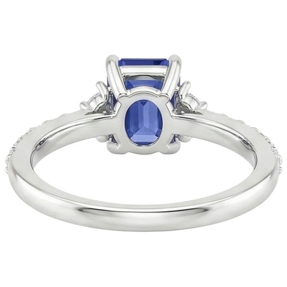 Solitaire Accents Ring Blue Sapphire & Natural Earth Mined Diamond 4 Carats Emerald Cut