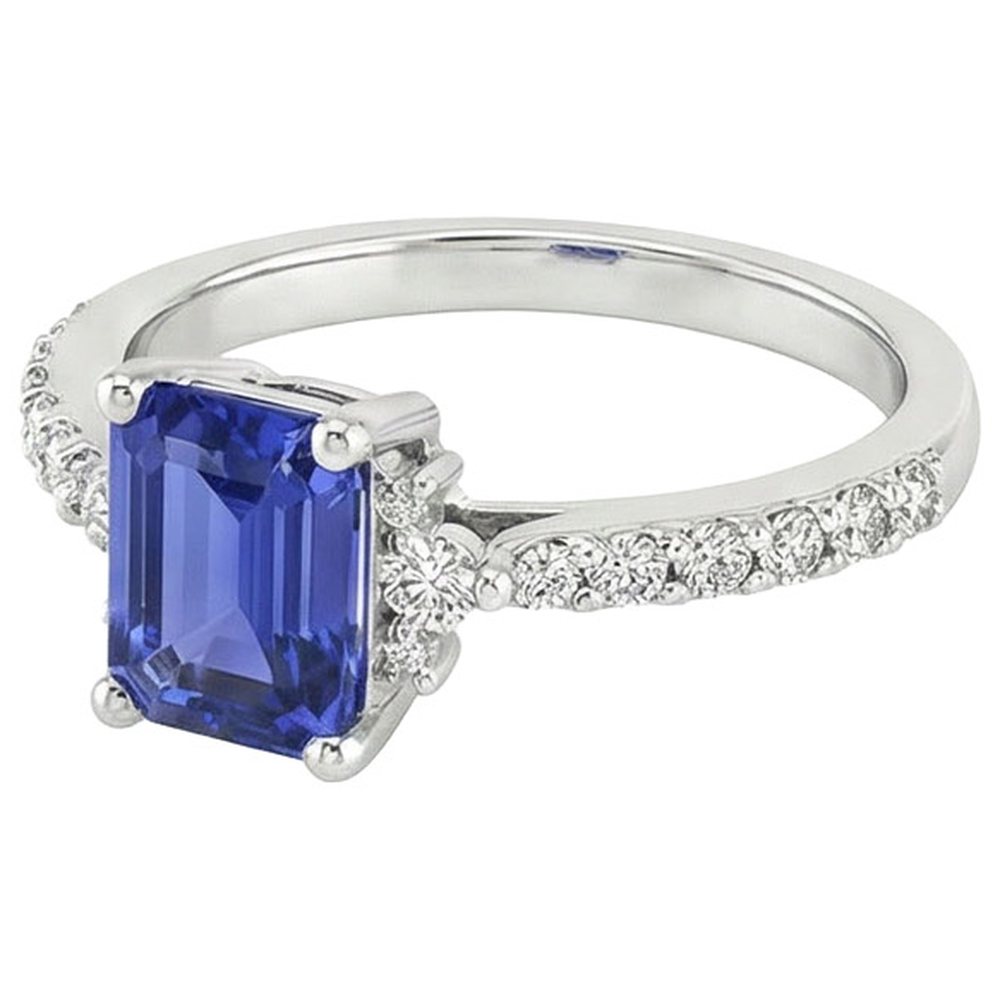 Solitaire Accents Ring Blue Sapphire & Natural Earth Mined Diamond 4 Carats Emerald Cut