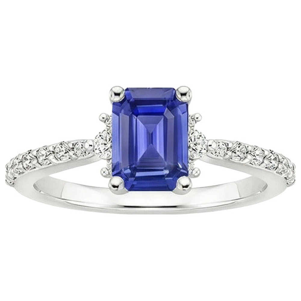 Solitaire Accents Ring Blue Sapphire & Natural Earth Mined Diamond 4 Carats Emerald Cut