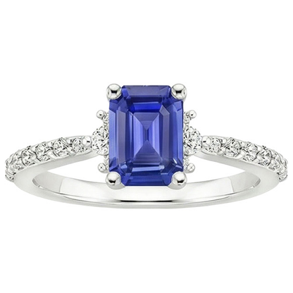 Solitaire Accents Ring Blue Sapphire & Natural Earth Mined Diamond 4 Carats Emerald Cut