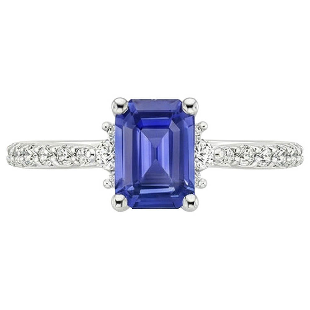 Solitaire Accents Ring Blue Sapphire & Natural Earth Mined Diamond 4 Carats Emerald Cut