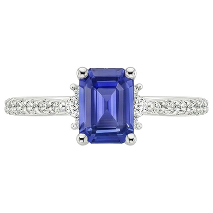 Solitaire Accents Ring Blue Sapphire & Natural Earth Mined Diamond 4 Carats Emerald Cut