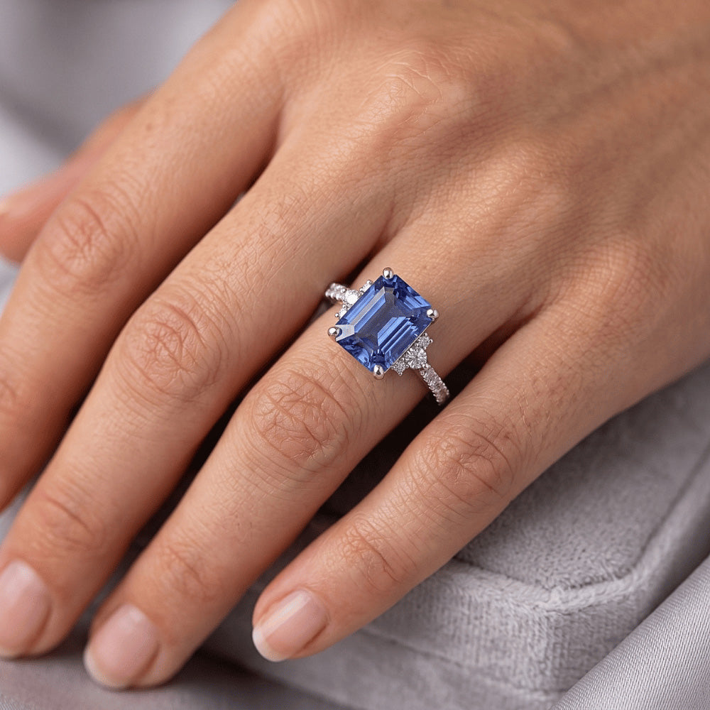Solitaire Accents Ring Blue Sapphire & Natural Earth Mined Diamond 4 Carats Emerald Cut