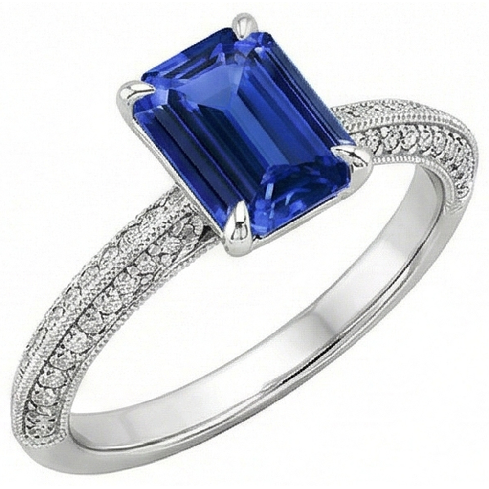 Solitaire Accents Ring Emerald Blue Sapphire & Natural Earth Mined Diamond 4 Carats