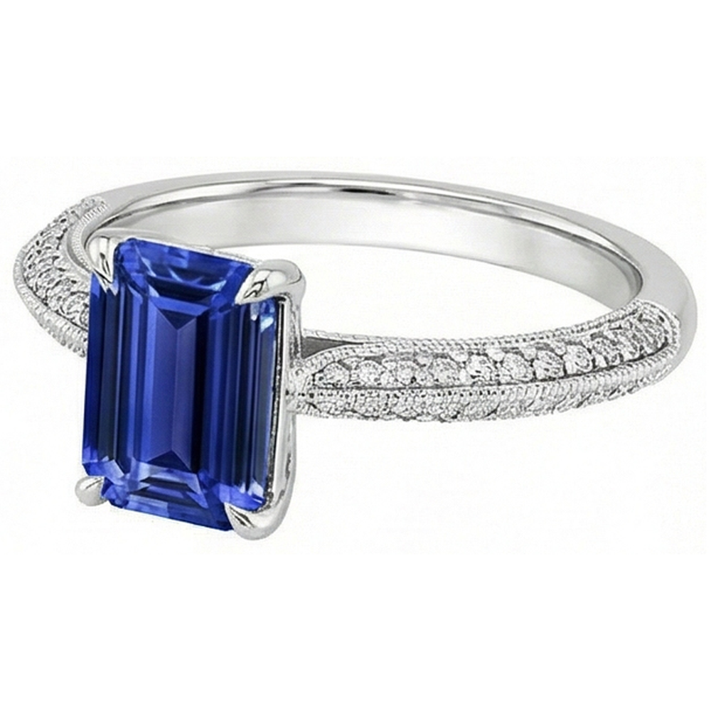 Solitaire Accents Ring Emerald Blue Sapphire & Natural Earth Mined Diamond 4 Carats