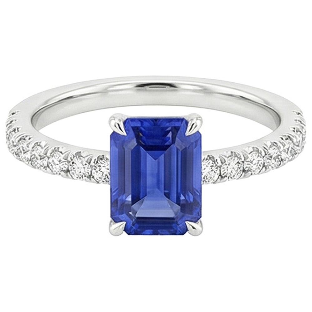 Solitaire Accents Ring Pave Set Blue Sapphire & Natural Earth Mined Diamond 4.50 Carats