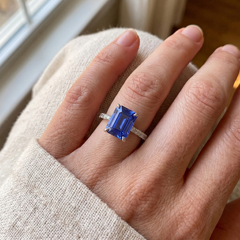 Solitaire Accents Ring Pave Set Blue Sapphire & Natural Earth Mined Diamond 4.50 Carats