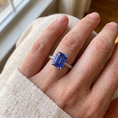 Solitaire Accents Ring Pave Set Blue Sapphire & Natural Earth Mined Diamond 4.50 Carats