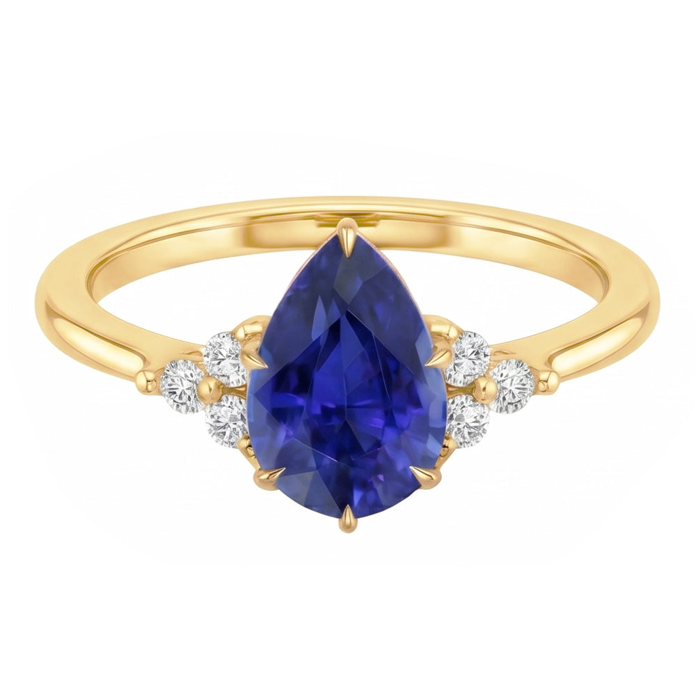 Solitaire Accents Ring Pear Blue Sapphire & Natural Earth Mined Diamonds 3.50 Carats