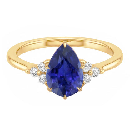 Solitaire Accents Ring Pear Blue Sapphire & Natural Earth Mined Diamonds 3.50 Carats
