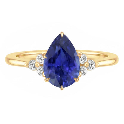 Solitaire Accents Ring Pear Blue Sapphire & Natural Earth Mined Diamonds 3.50 Carats