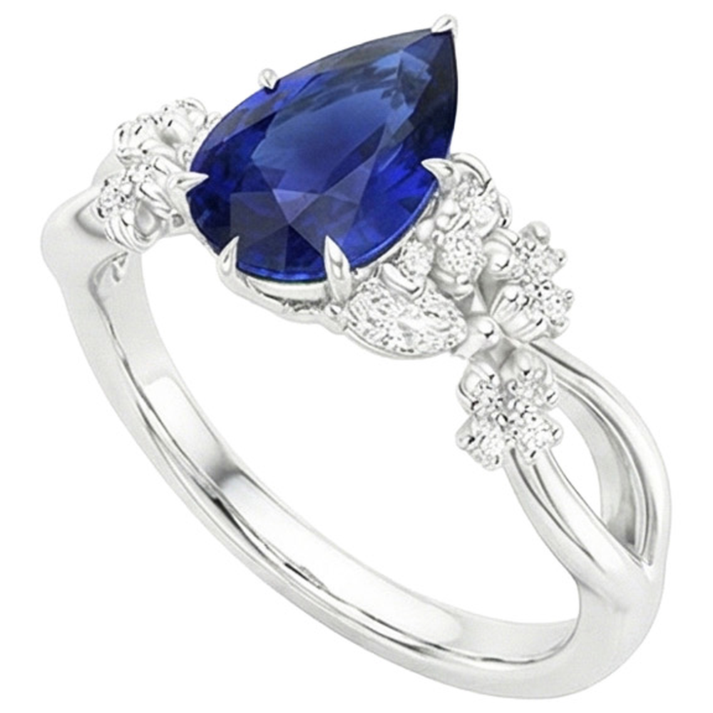 Solitaire Accents Ring Pear Blue Sapphire & Natural Earth Mined Diamonds 3.75 Carats