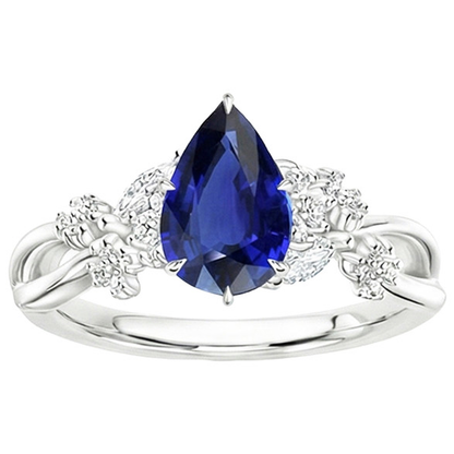 Solitaire Accents Ring Pear Blue Sapphire & Natural Earth Mined Diamonds 3.75 Carats