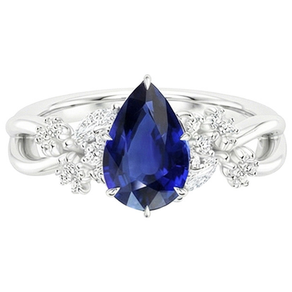 Solitaire Accents Ring Pear Blue Sapphire & Natural Earth Mined Diamonds 3.75 Carats