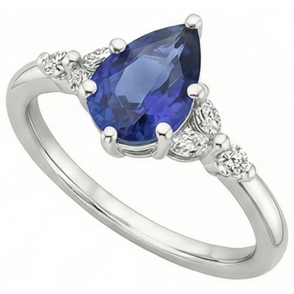 Solitaire Accents Ring Pear Blue Sapphire & Natural Earth Mined Diamonds 4.75 Carats