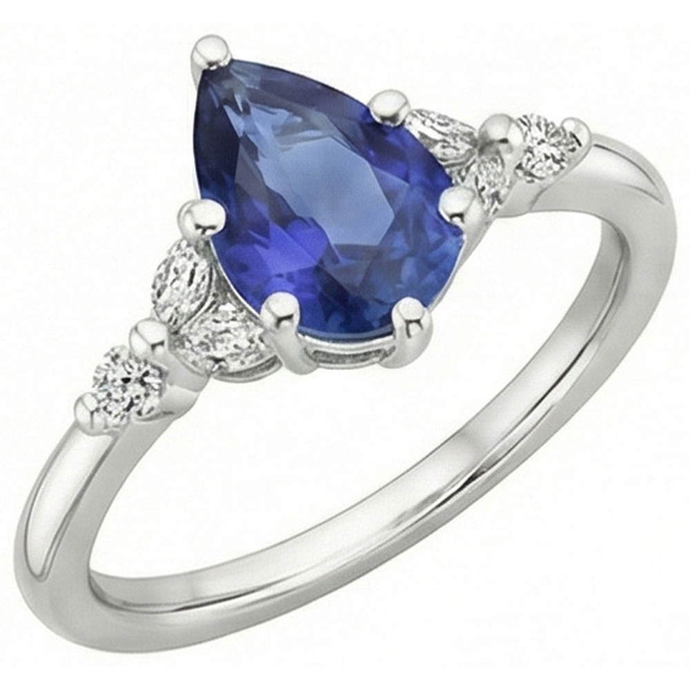 Solitaire Accents Ring Pear Blue Sapphire & Natural Earth Mined Diamonds 4.75 Carats