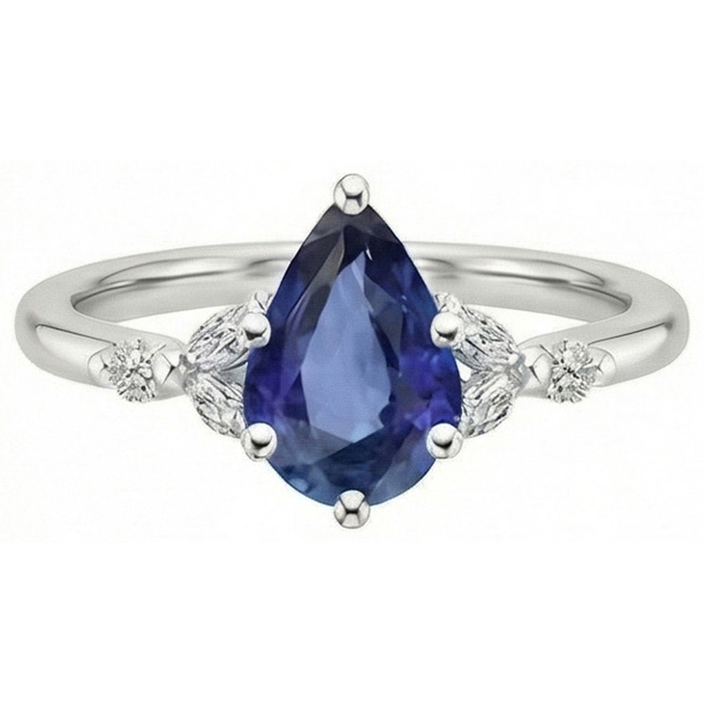 Solitaire Accents Ring Pear Blue Sapphire & Natural Earth Mined Diamonds 4.75 Carats