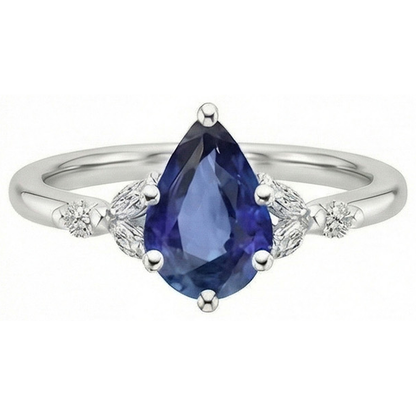 Solitaire Accents Ring Pear Blue Sapphire & Natural Earth Mined Diamonds 4.75 Carats