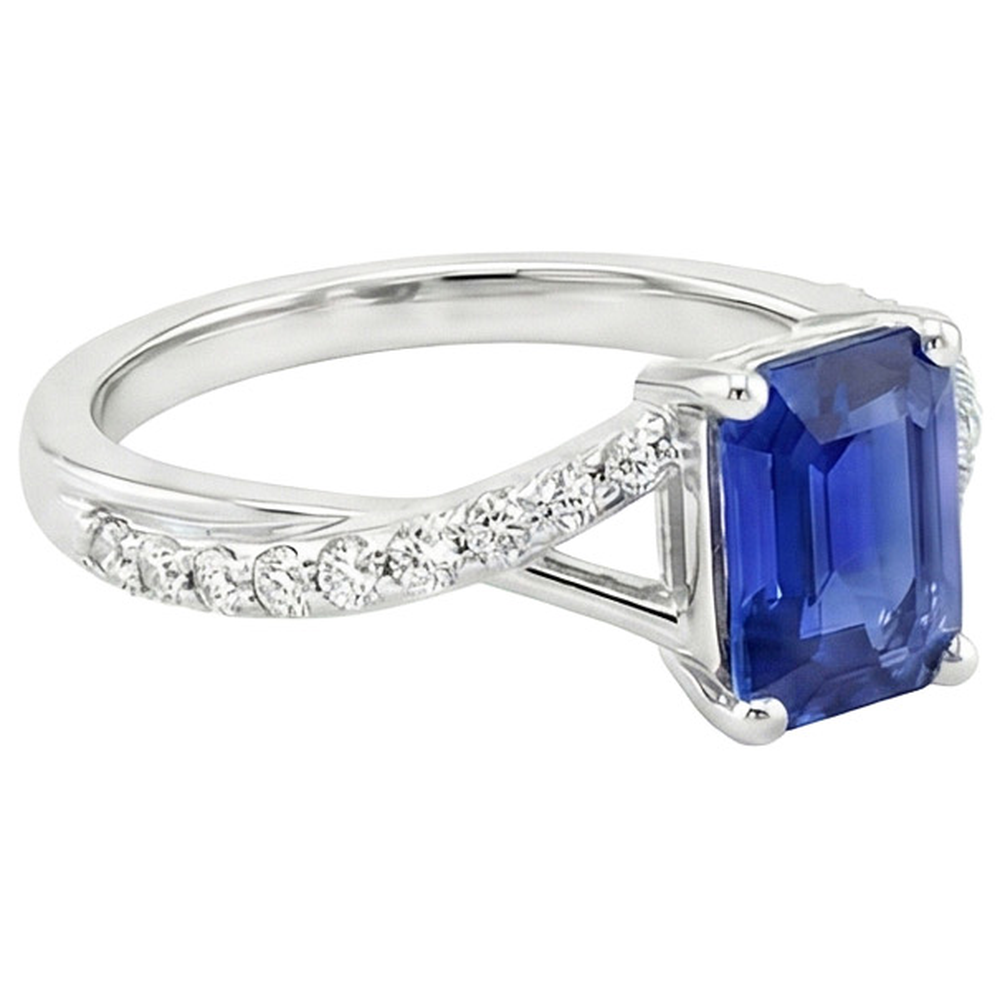 Solitaire Accents Ring Split Shank Blue Sapphire & Natural Earth Mined Diamond 4 Carats