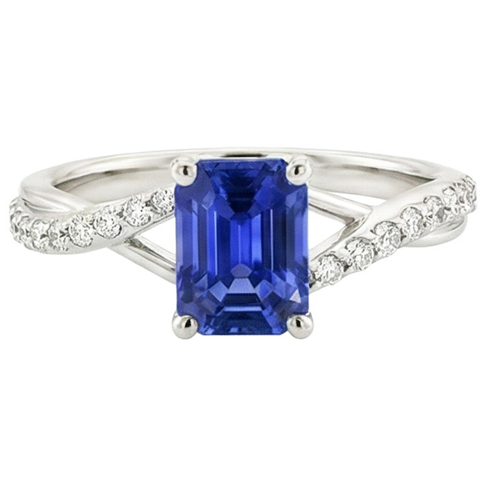 Solitaire Accents Ring Split Shank Blue Sapphire & Natural Earth Mined Diamond 4 Carats