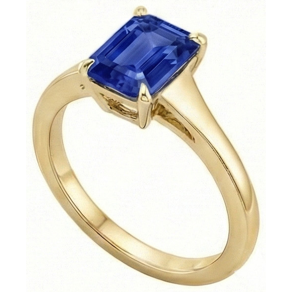 Natural Real ( Not Lab Grown )  Solitaire Blue Sapphire Ring Emerald Cut 3 Carats Yellow Gold 14K