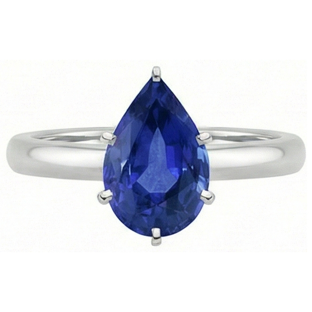 Natural Real ( Not Lab Grown )  Solitaire Blue Sapphire Ring Pear Cut 2 Carats White Gold 14K