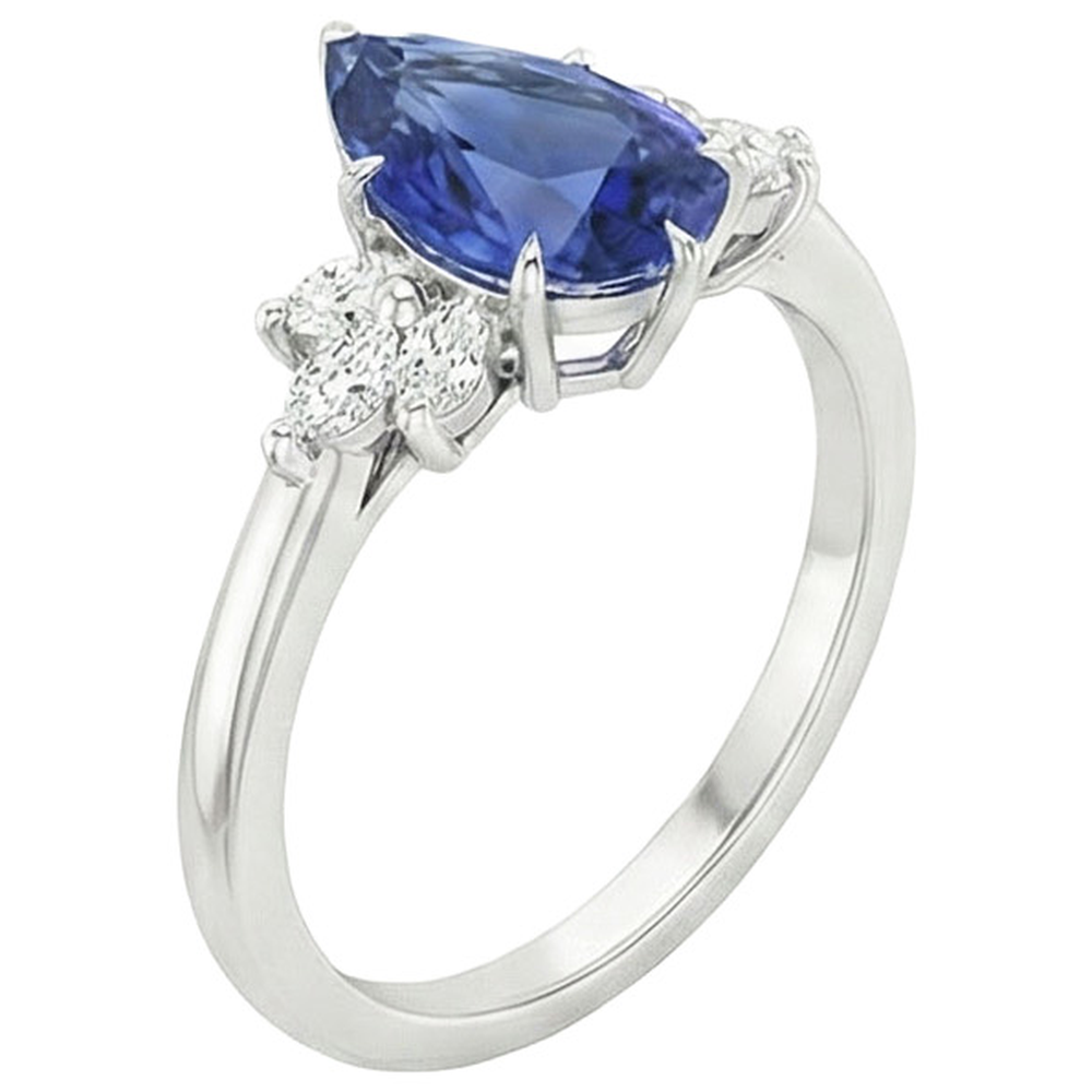 Solitaire Blue Sapphire Ring Pear Cut With Natural Earth Mined Diamond Accents 5 Carats