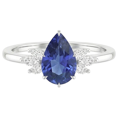 Solitaire Blue Sapphire Ring Pear Cut With Natural Earth Mined Diamond Accents 5 Carats