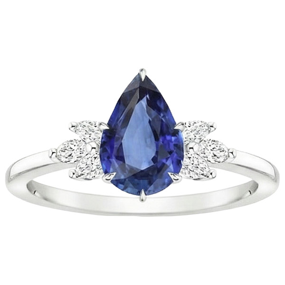 Solitaire Blue Sapphire Ring Pear Cut With Natural Earth Mined Diamond Accents 5 Carats