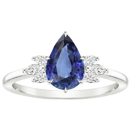 Solitaire Blue Sapphire Ring Pear Cut With Natural Earth Mined Diamond Accents 5 Carats