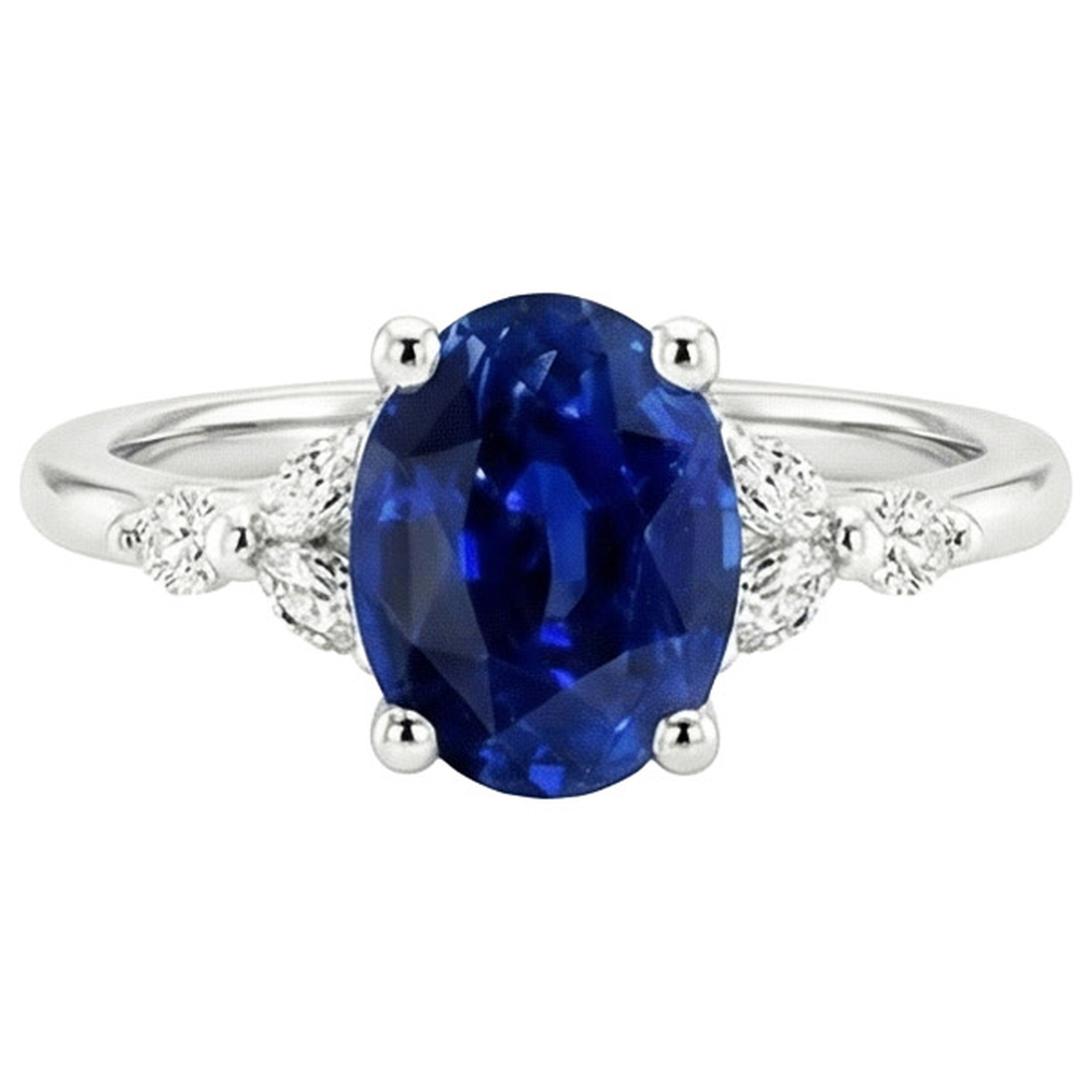 Solitaire Blue Sapphire Ring With Round & Marquise Natural Earth Mined Diamond 3.75 Carats
