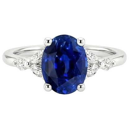 Solitaire Blue Sapphire Ring With Round & Marquise Natural Earth Mined Diamond 3.75 Carats
