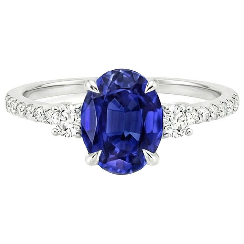 Solitaire Blue Sapphire & Round Natural Earth Mined Diamond Accents Ring 3.50 Carats