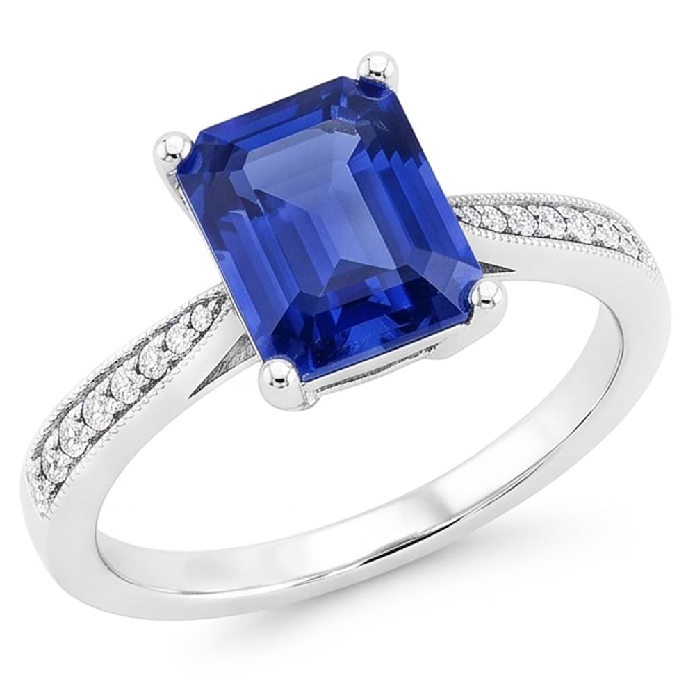 Solitaire Emerald Blue Sapphire Ring With Natural Earth Mined Diamond Accents 2.50 Carats