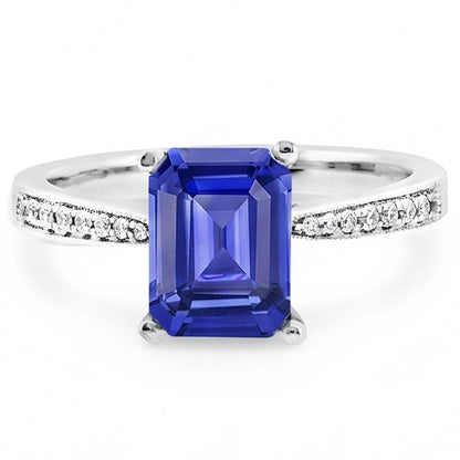 Solitaire Emerald Blue Sapphire Ring With Natural Earth Mined Diamond Accents 2.50 Carats