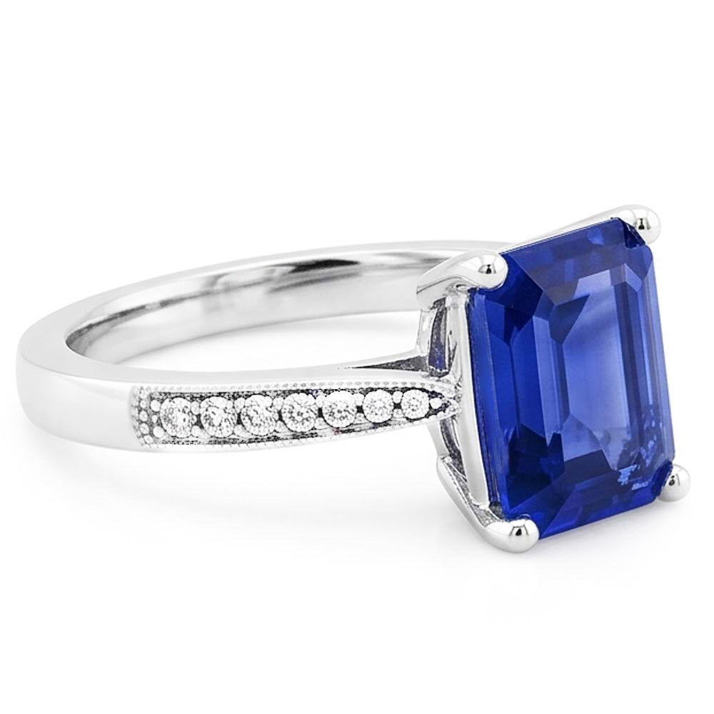 Solitaire Emerald Blue Sapphire Ring With Natural Earth Mined Diamond Accents 2.50 Carats
