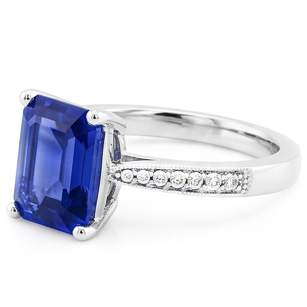 Solitaire Emerald Blue Sapphire Ring With Natural Earth Mined Diamond Accents 2.50 Carats
