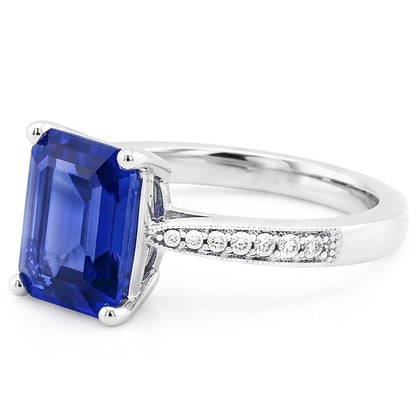 Solitaire Emerald Blue Sapphire Ring With Natural Earth Mined Diamond Accents 2.50 Carats
