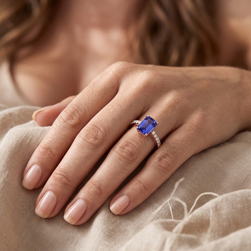 Solitaire Emerald Blue Sapphire Ring With Natural Earth Mined Diamond Accents 3 Carats