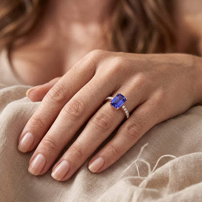 Solitaire Emerald Blue Sapphire Ring With Natural Earth Mined Diamond Accents 3 Carats
