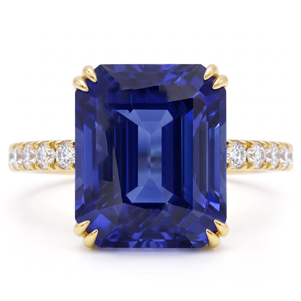 Solitaire Emerald Blue Sapphire Ring With Natural Earth Mined Diamond Accents 4.50 Carats
