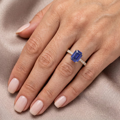 Solitaire Emerald Blue Sapphire Ring With Natural Earth Mined Diamond Accents 4.50 Carats