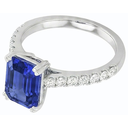 Solitaire Emerald Blue Sapphire Ring & Pave Set Natural Earth Mined Diamonds 3.50 Carats