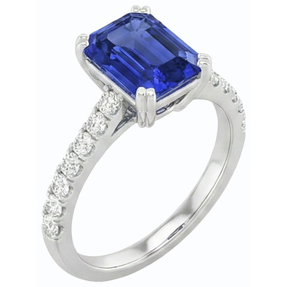 Solitaire Emerald Blue Sapphire Ring & Pave Set Natural Earth Mined Diamonds 3.50 Carats