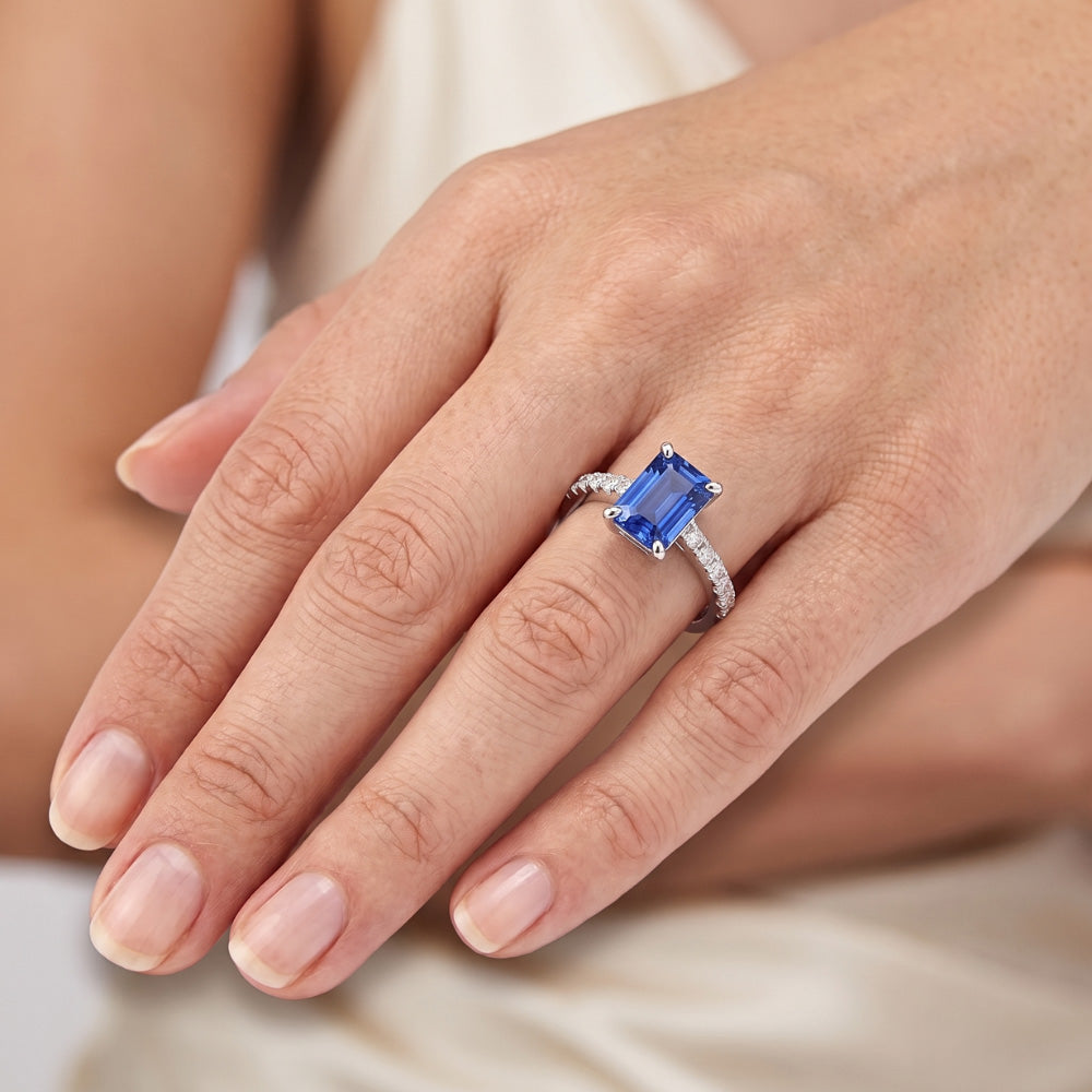 Solitaire Emerald Blue Sapphire Wedding Ring With Natural Earth Mined Diamond Accents 3 Carats