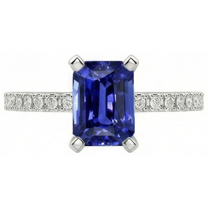 Natural Real ( Not Lab Grown )  Solitaire Emerald Deep Blue Sapphire Ring With Accents 3 Carats