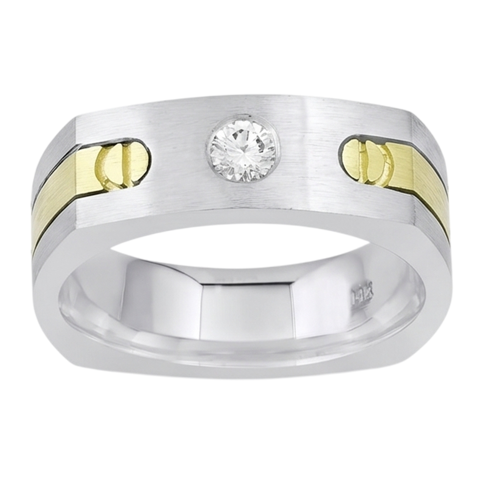 Solitaire Euro Shank Men Ring Two Tone Round Diamond