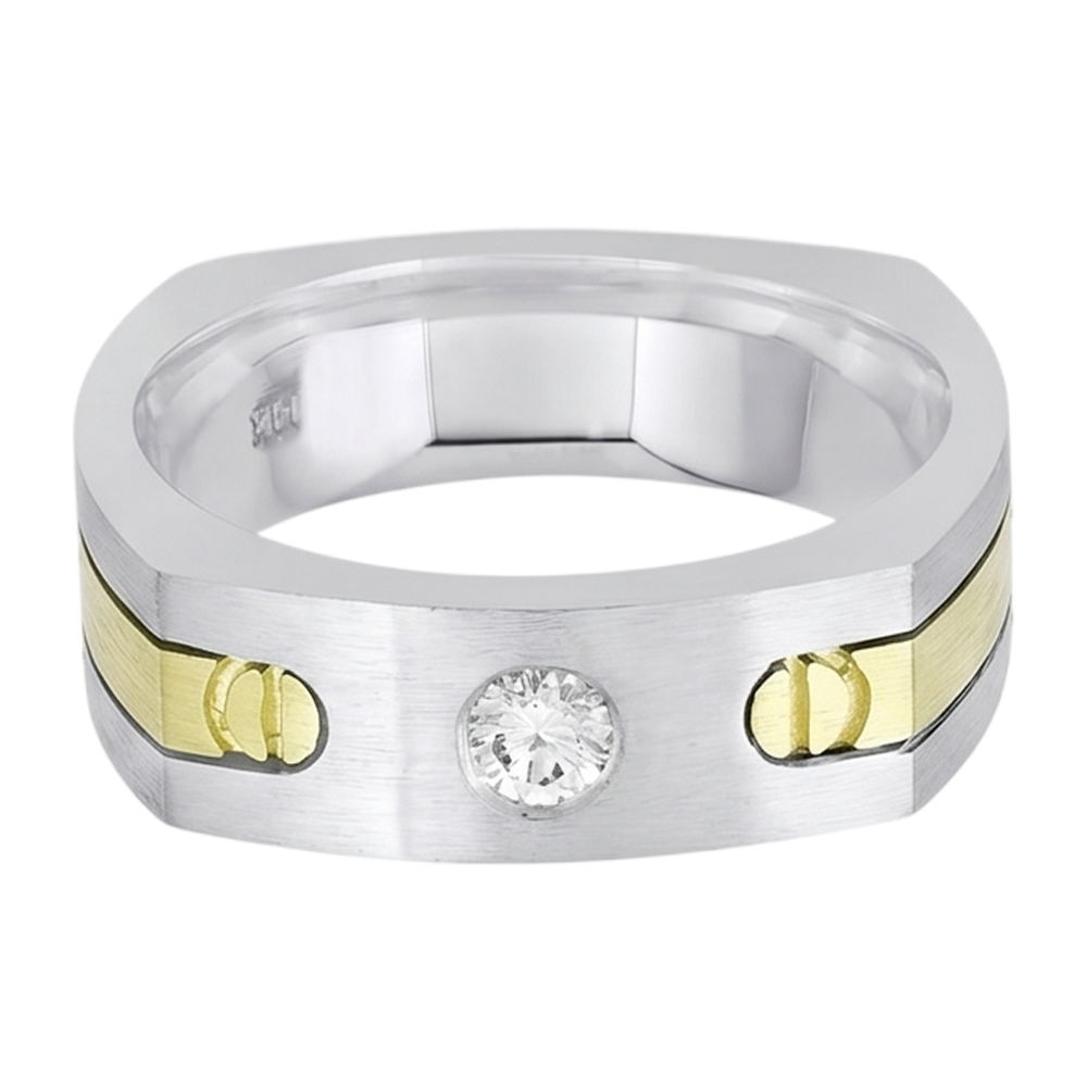 Solitaire Euro Shank Men Ring Two Tone Round Diamond