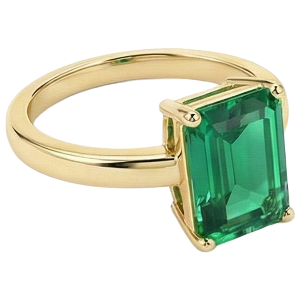 Solitaire Green Emerald Ring 3 Carats Yellow Gold 14K Gemstone Jewelry
